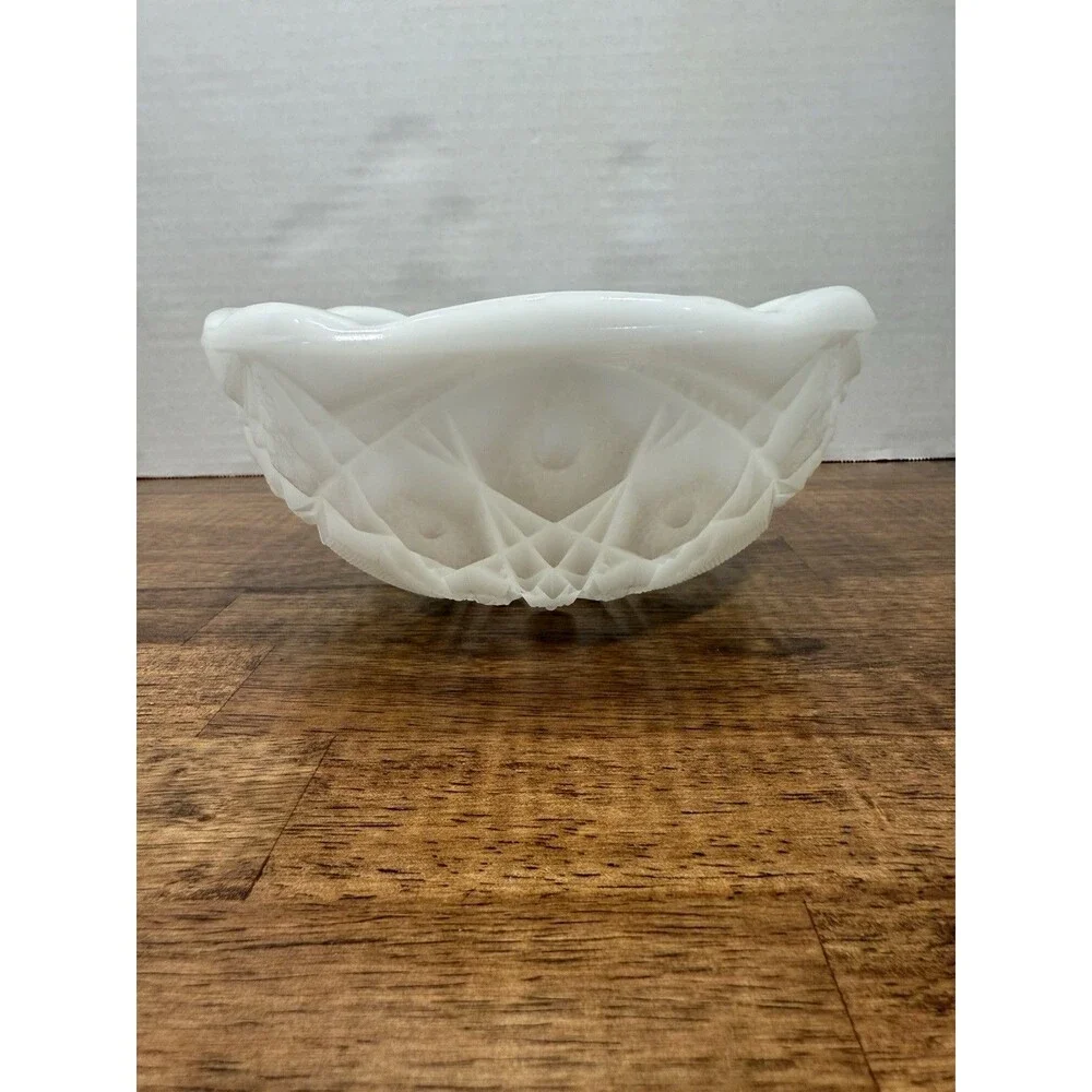 White Milk Glass Pressed Quilt Pattern Round Bowl, Scalloped Rim, Glossy